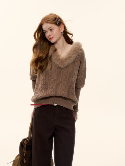 AsGony ASG25627 V-neck wool strip twisted flower sheep leg sleeve knitted sweater