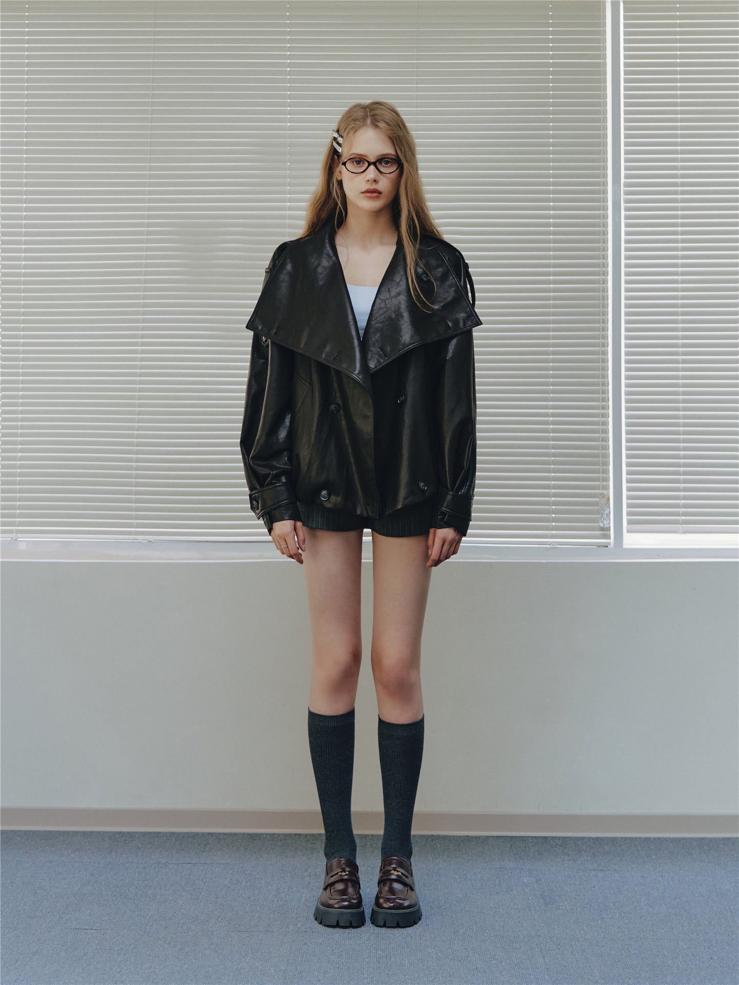 Asgony ASG26542 Oversized Collar Double-Breasted Leather Jacket