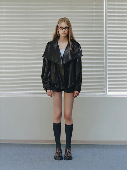 Asgony ASG26542 Oversized Collar Double-Breasted Leather Jacket