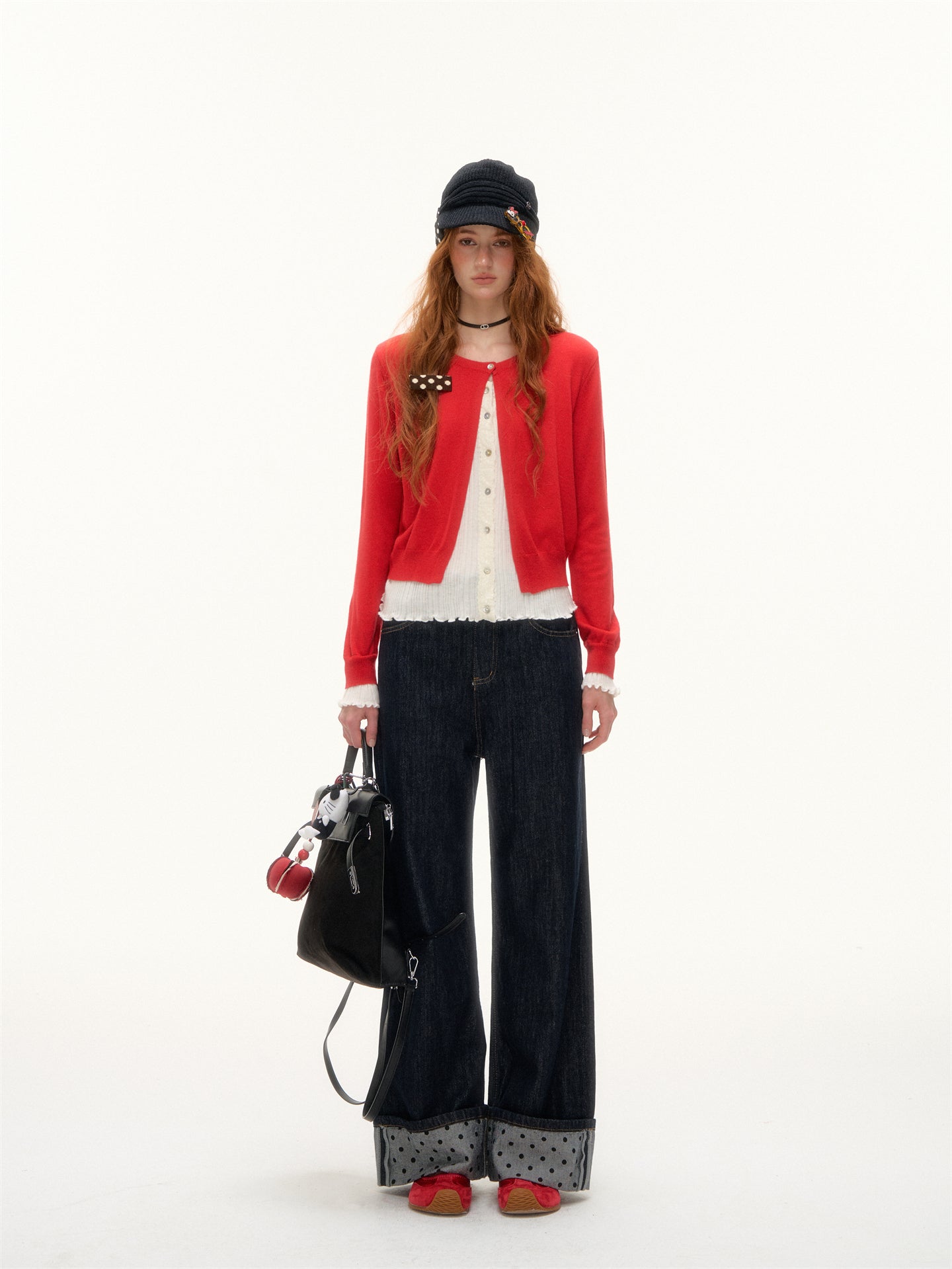 AsGony ASG25409 Color blocking fake two-piece spliced knitted cardigan