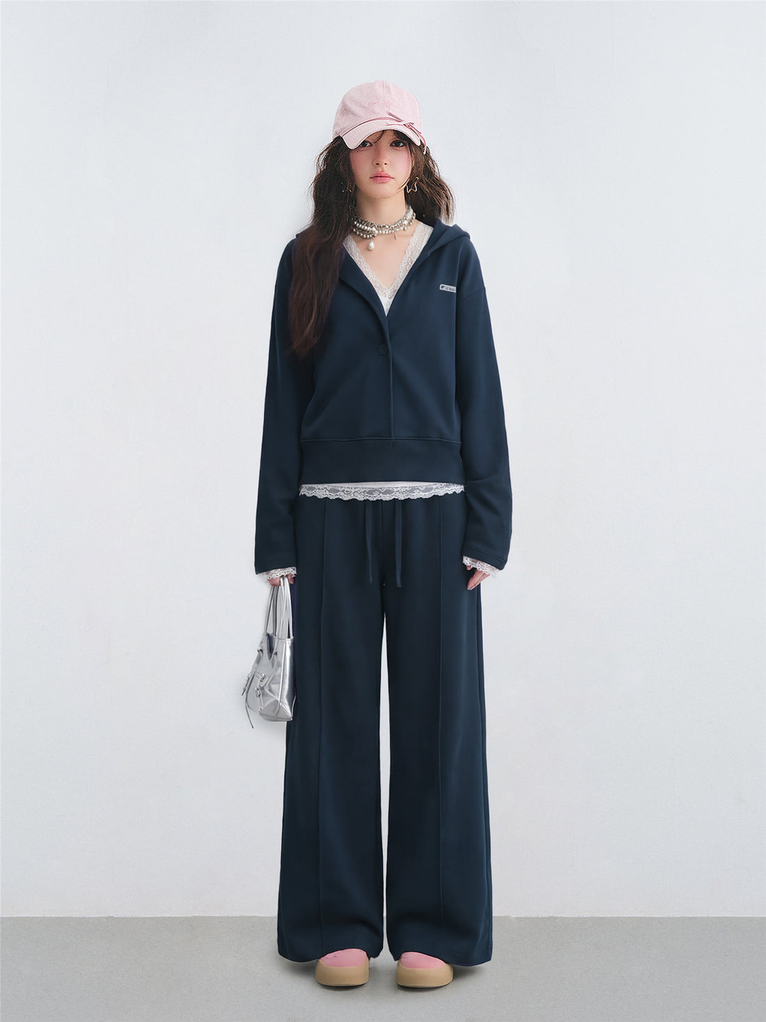 AsGony ASG26038&amp;ASG26039 V-neck cross lace patchwork vest hoodie + pants