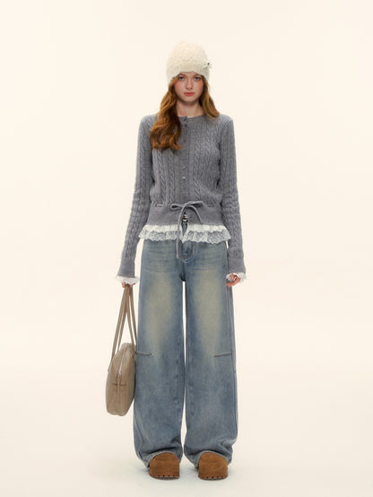 AsGony ASG25622 Lace hem patchwork knit sweater