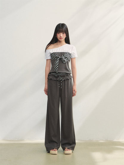 AsGony ASG25207&amp;ASG25208 Grid tied slim fit top+sports pants (2color)