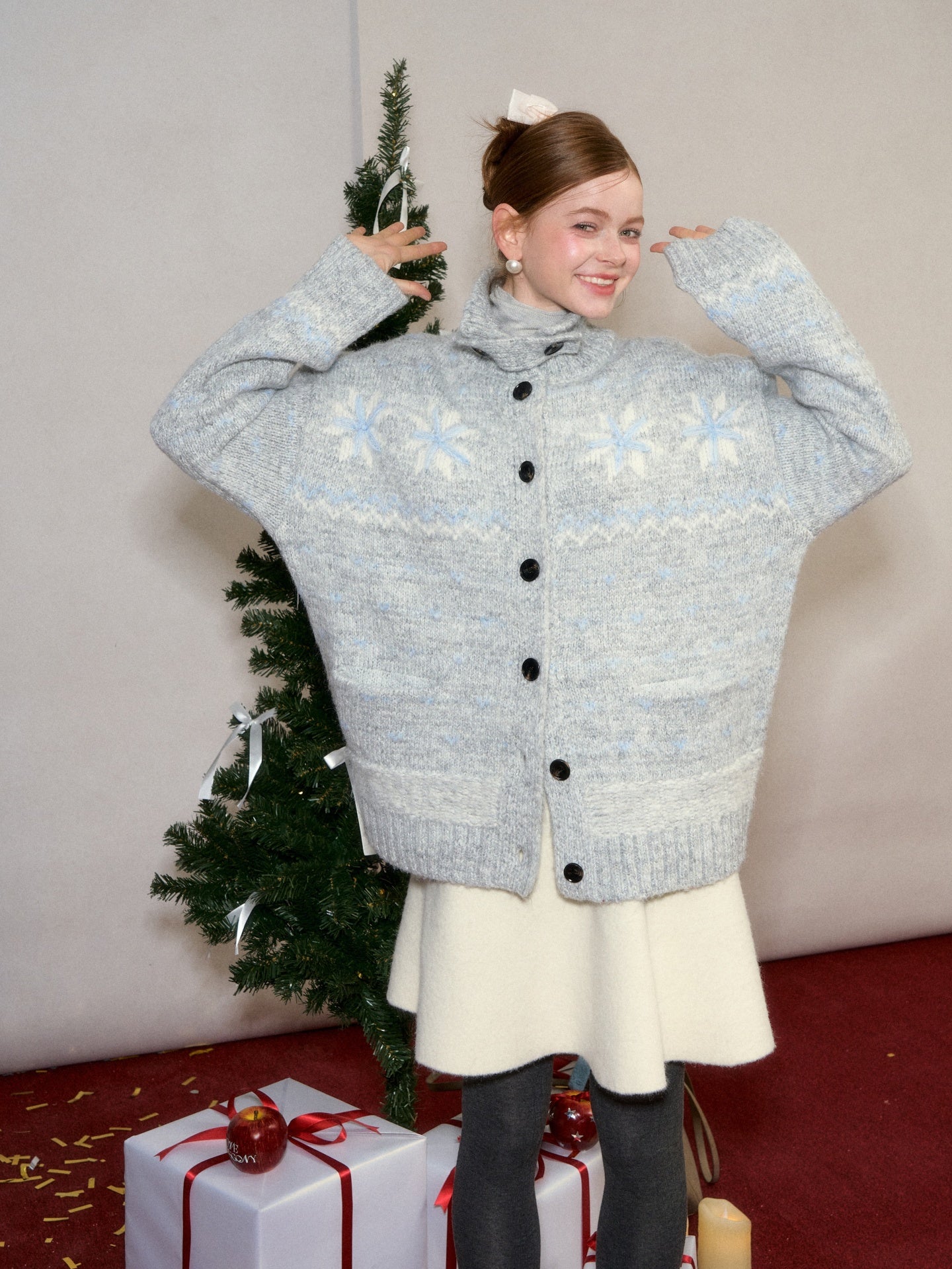 AsGony ASG25593 Wool Snowflake Fel Island Jacquard Knitted Coat