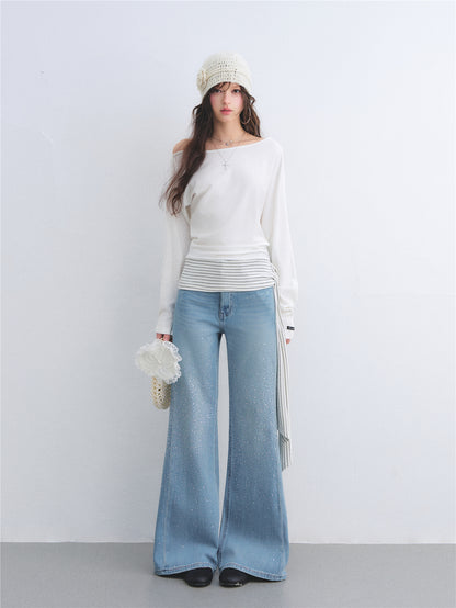 AsGony ASG26014 Slanted shoulder batfly sleeve striped strap hem top