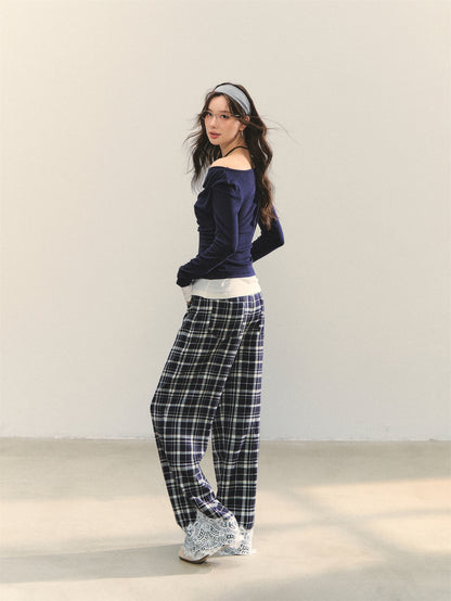 AsGony ASG25283 Plaid patchwork lace casual pants (2color)