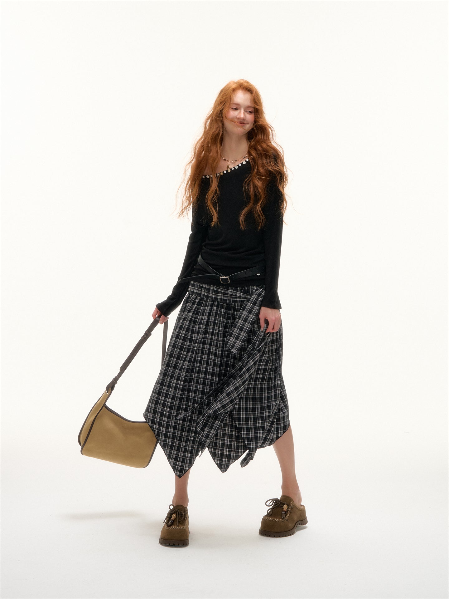 AsGony ASG25397 Irregular hem plaid skirt