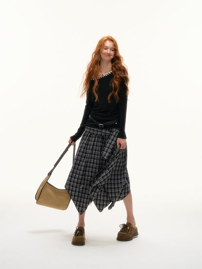 AsGony ASG25397 Irregular hem plaid skirt