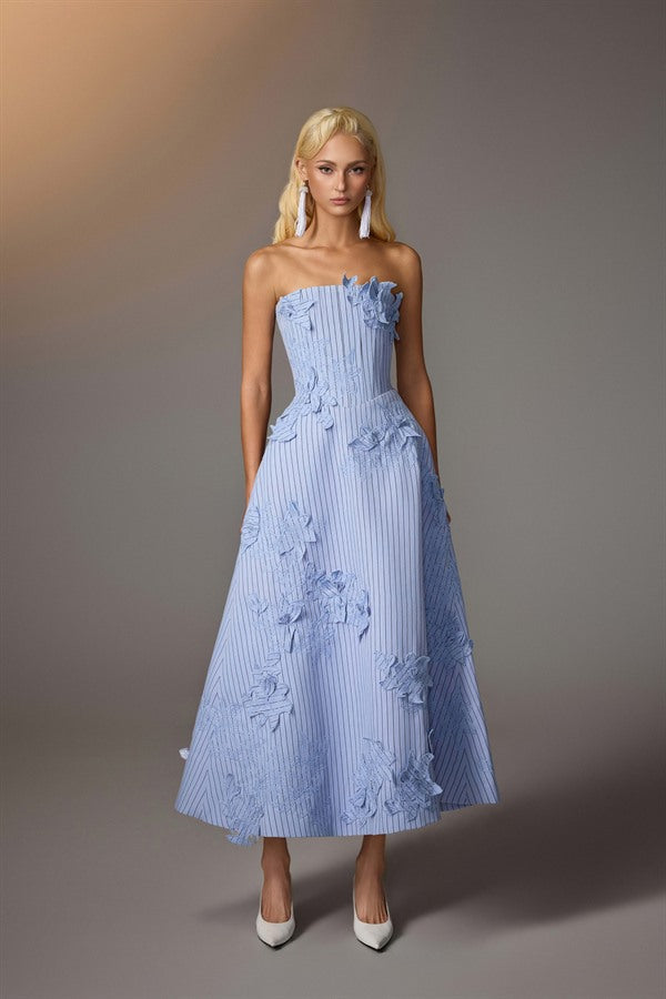KEIRA TONG Floral Embroidered Corset Dress-Blue