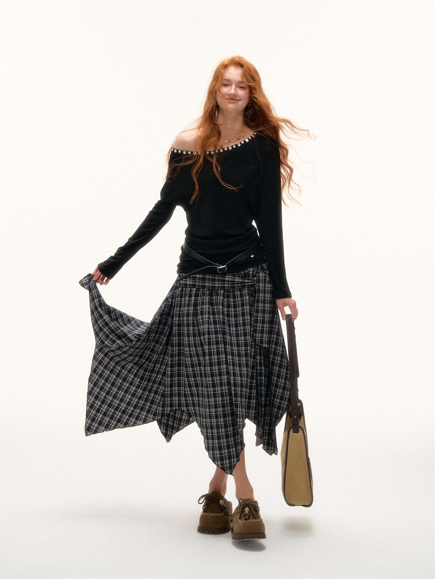 AsGony ASG25397 Irregular hem plaid skirt