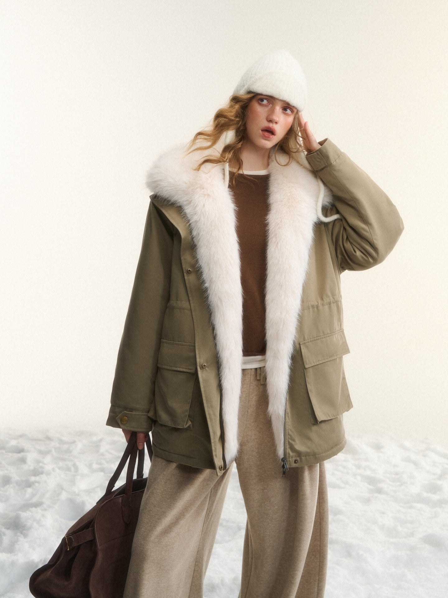 AsGony ASG25564 Detachable wool collar clip cotton Lyocell Parker jacket