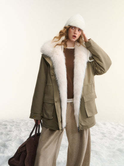 AsGony ASG25564 Detachable wool collar clip cotton Lyocell Parker jacket