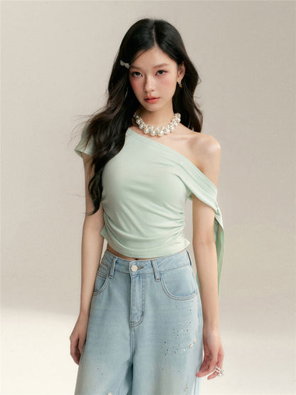 16DEWS 16D246060 Twisted ribbon slanted shoulder slim fit short sleeved T-shirt