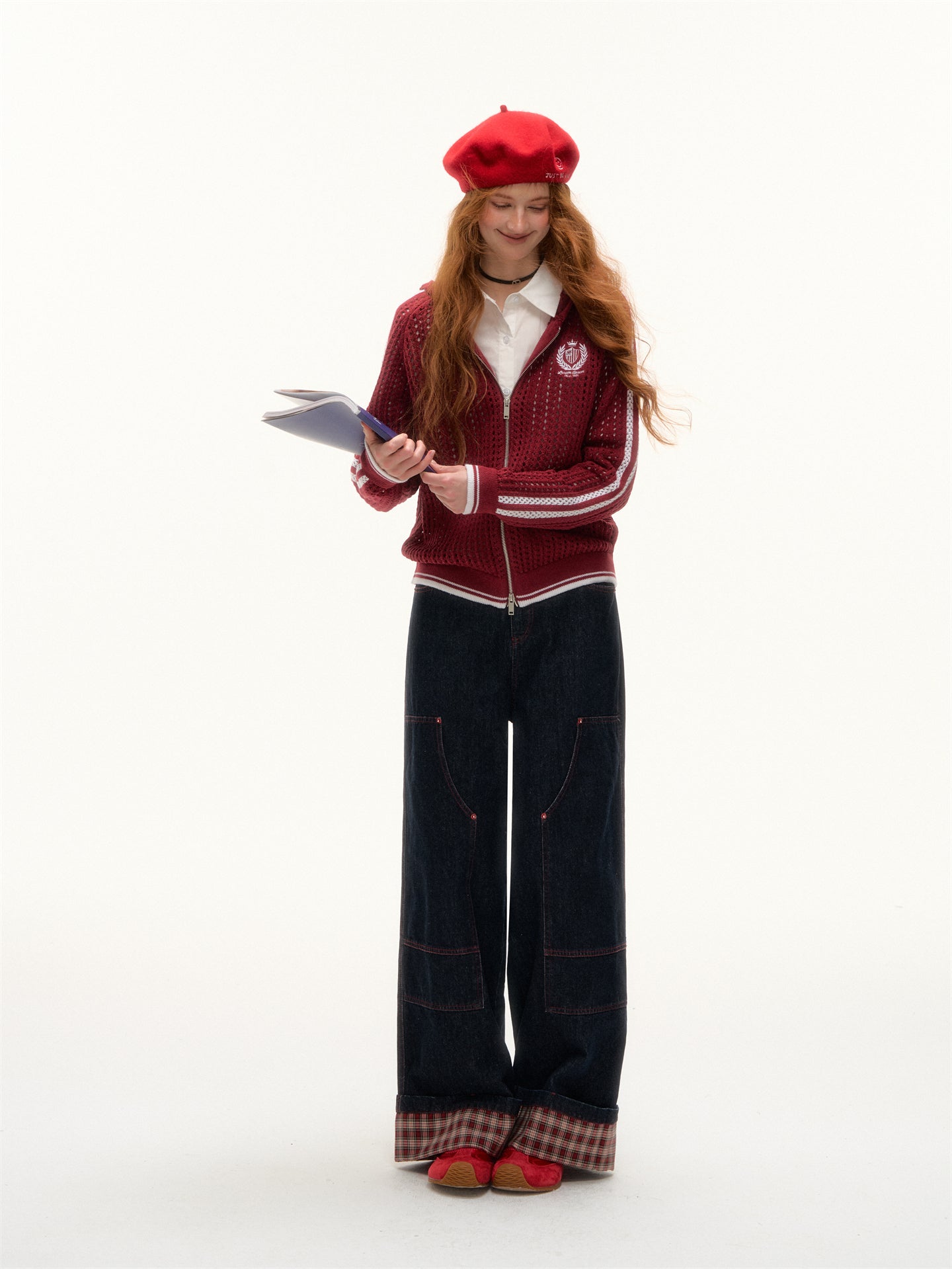 AsGony ASG25388 Hollow knit hooded contrasting embroidered sweater
