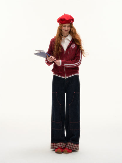 AsGony ASG25388 Hollow knit hooded contrasting embroidered sweater