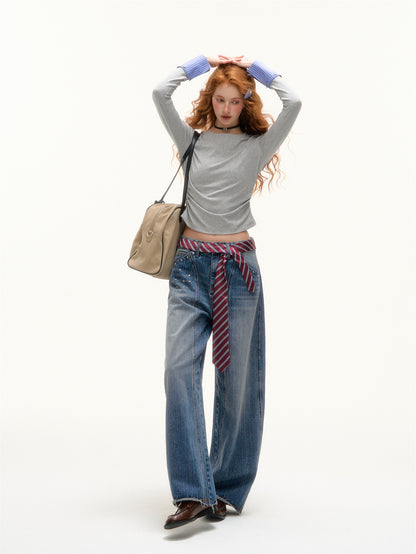 AsGony ASG25387 Detachable plaid round neck bottom top with detachable cuffs