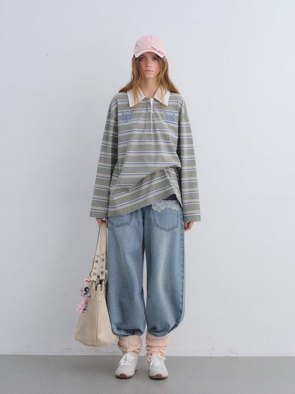 AsGony ASG25646 Collar patchwork striped embroidered long sleeved polo shirt