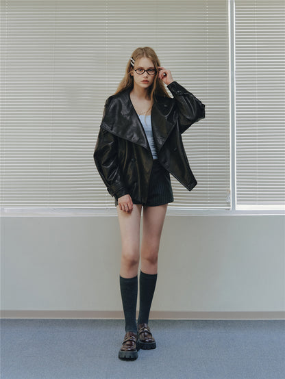 Asgony ASG26542 Oversized Collar Double-Breasted Leather Jacket