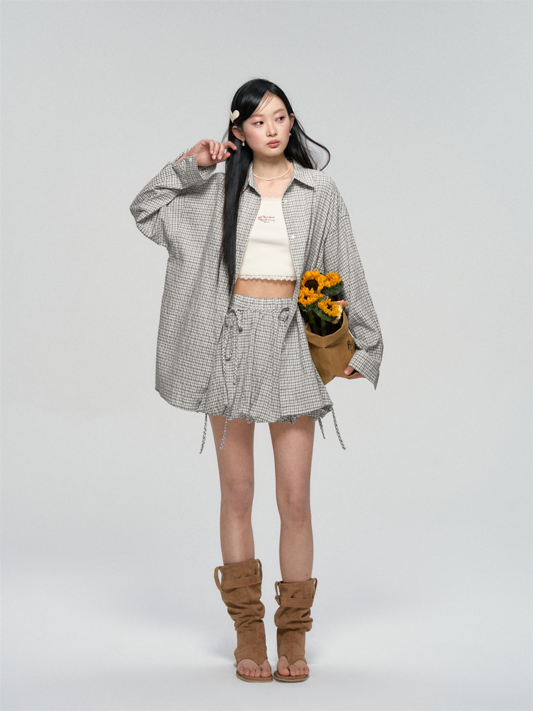 AsGony ASG25059&ASG25060 Lace up casual checkered shirt +skirt set (2color)