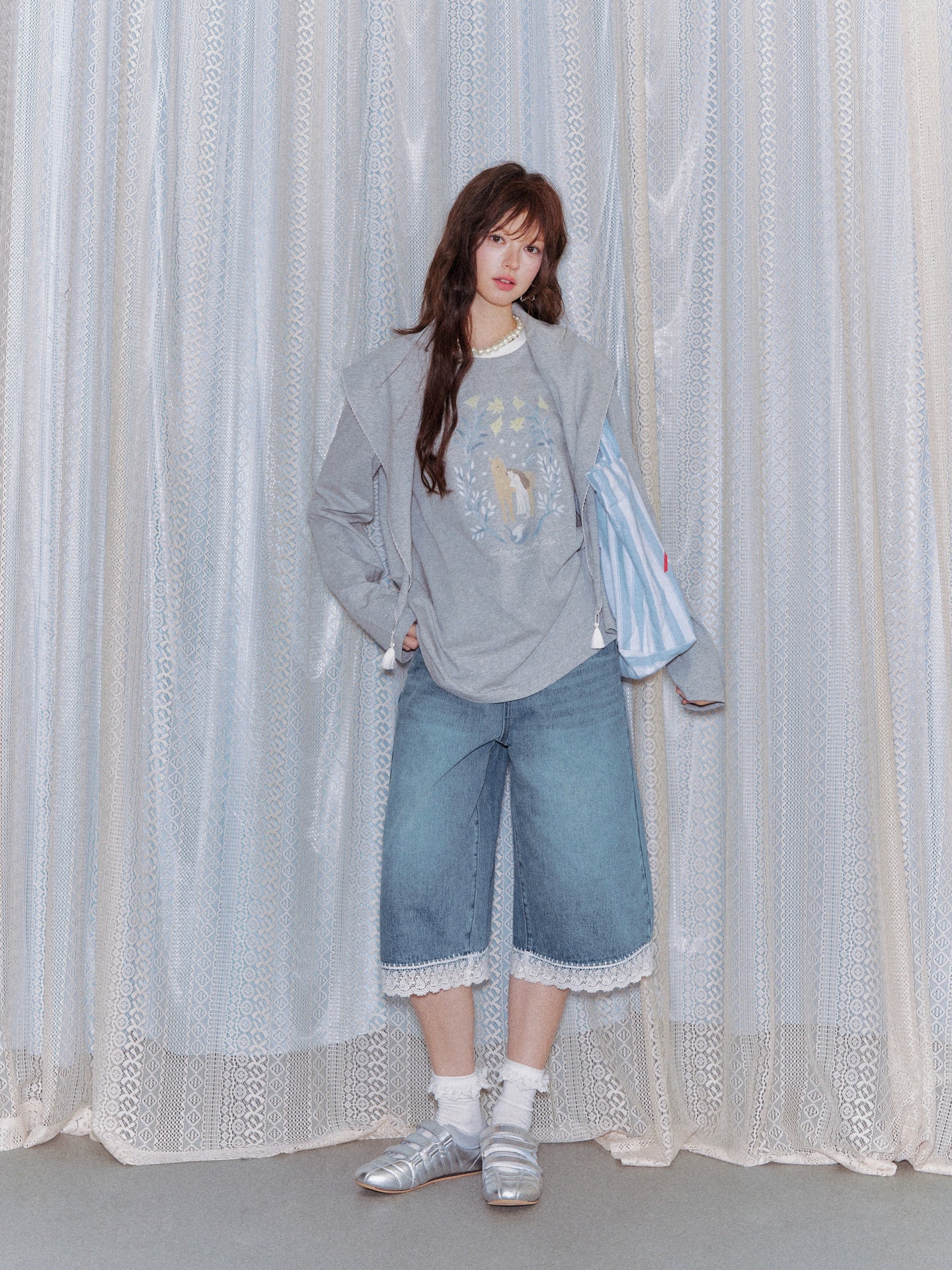 AsGony ASG26025 Triangle shawl pony print T-shirt two-piece set