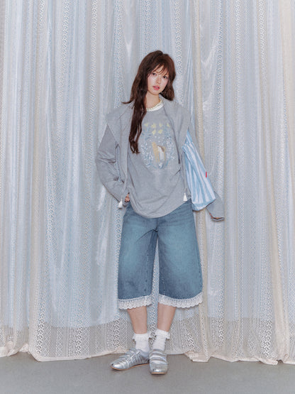 AsGony ASG26025 Triangle shawl pony print T-shirt two-piece set