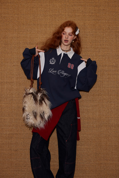 AsGony ASG25439 Color blocking shirt collar embroidered drawstring sweatshirt