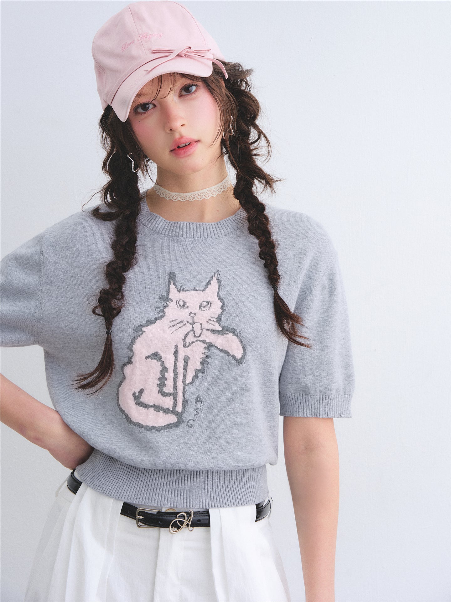 AsGony ASG26005 Round-neck jacquard cat print short-sleeved knit pullover