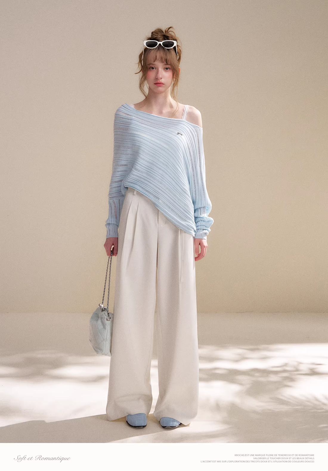 Kroche KP9080 Cutout Batwing Sleeve Knit Top &amp;Pearl Pants