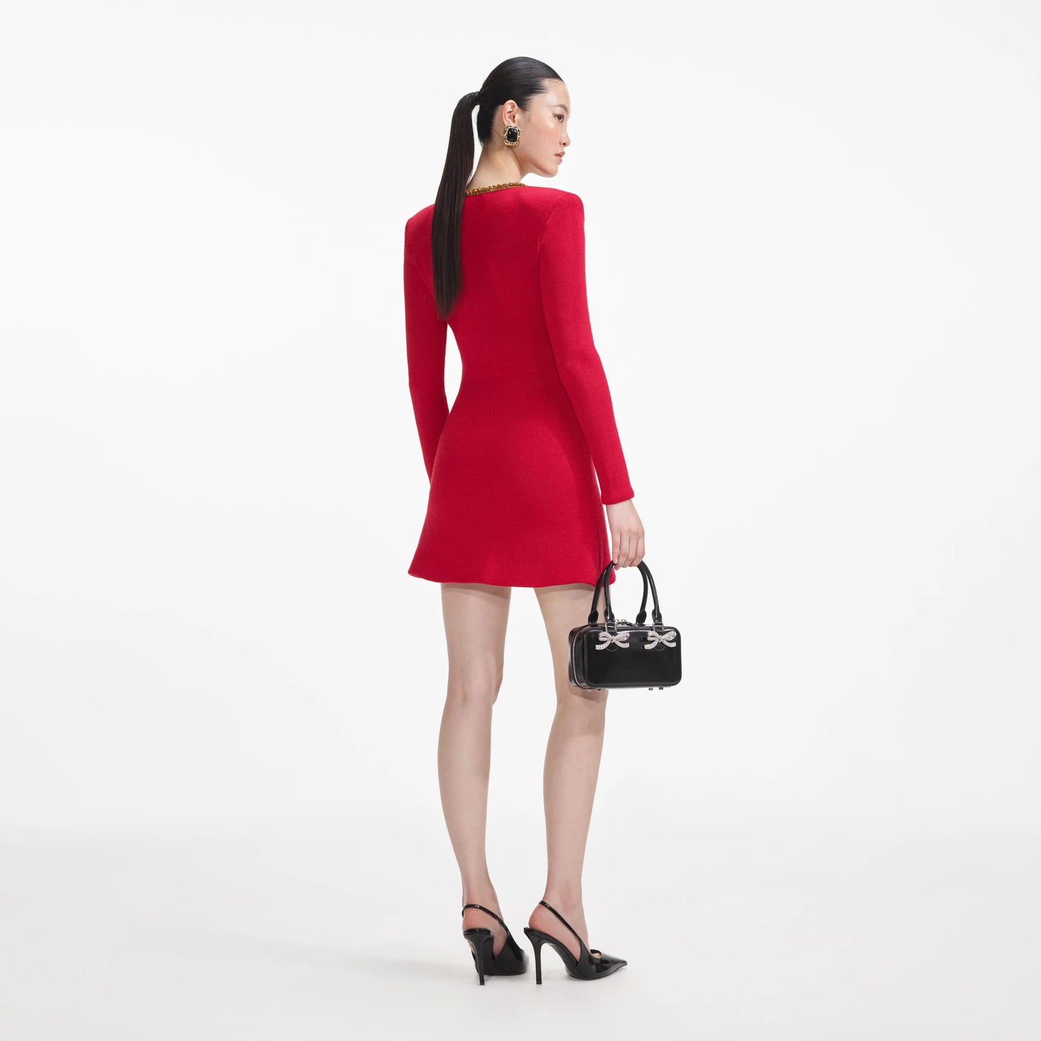 Self-Portrait RED TEXTURED KNIT CORSAGE MINI DRESS