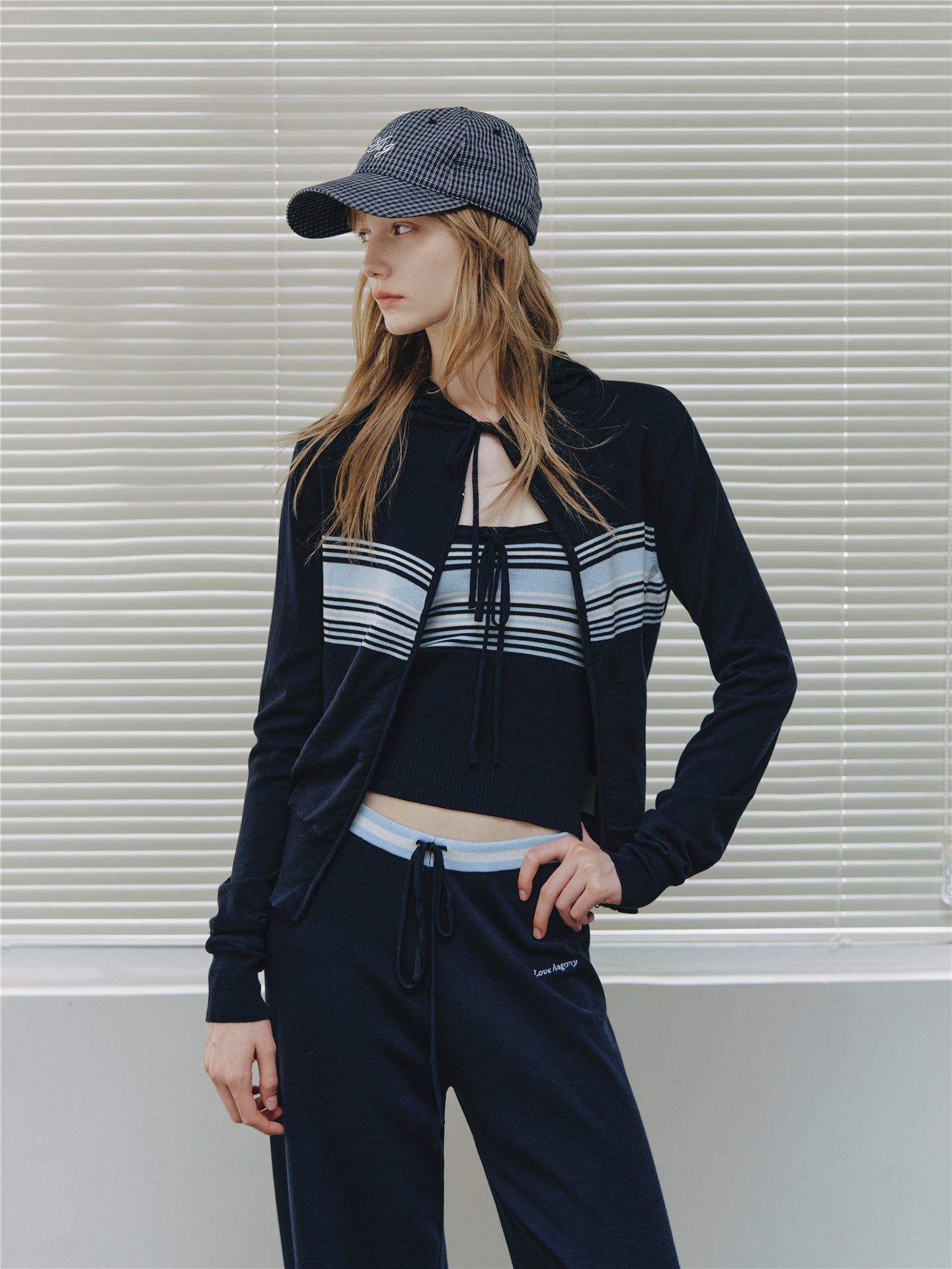 Asgony ASG26502 Contrast Stripe Knit Hooded Cardigan+ASG26503 Camisole+ ASG26504 Straight Pants