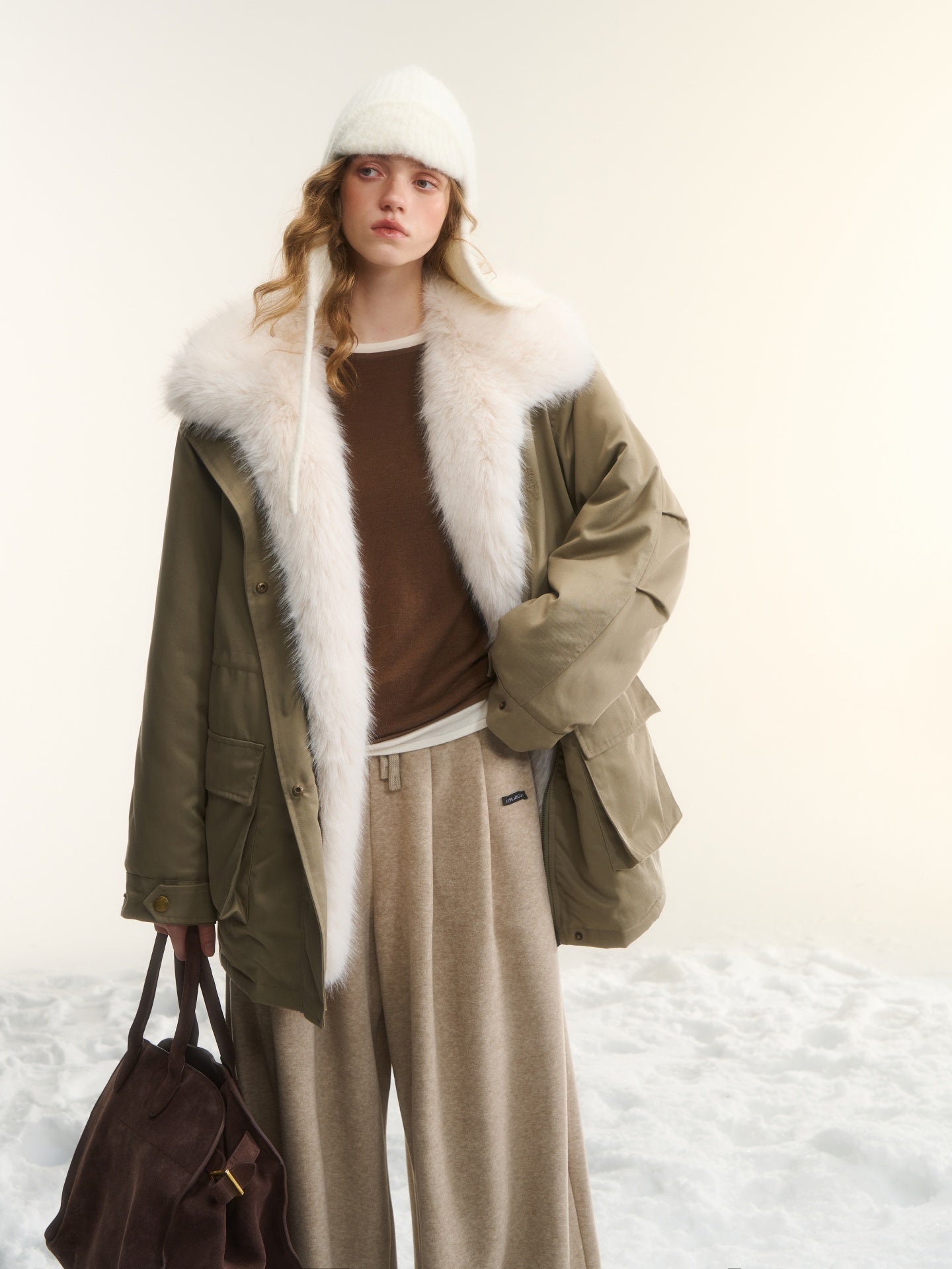 AsGony ASG25564 Detachable wool collar clip cotton Lyocell Parker jacket