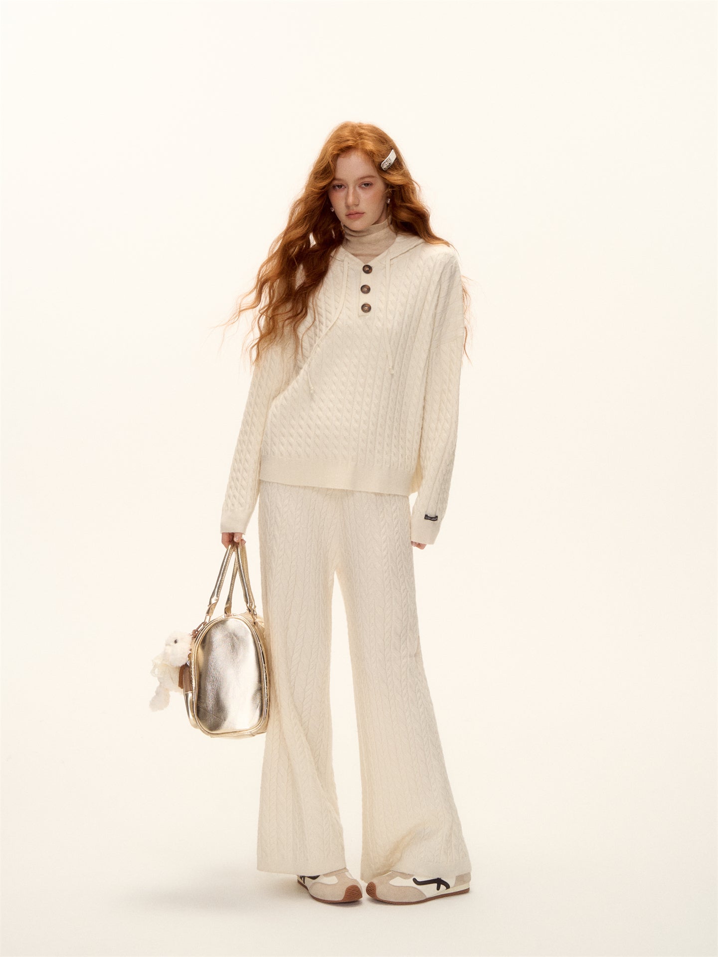 AsGony ASG25490&amp;ASG25521 Wool pullover hooded button twisted knit sweater + pants