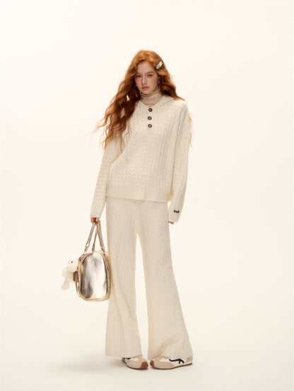 AsGony ASG25490&amp;ASG25521 Wool pullover hooded button twisted knit sweater + pants