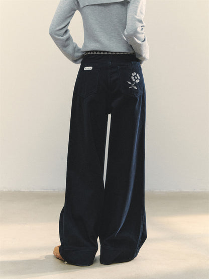 AsGony ASG25323 Cross stitch collision flower straight leg jeans