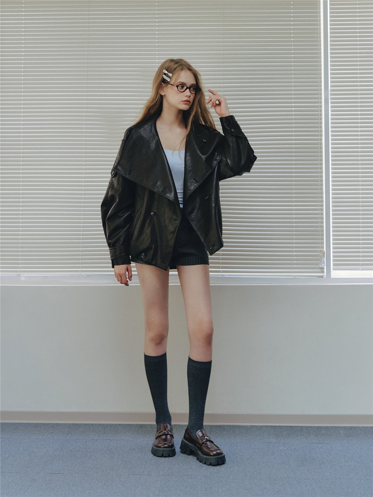 Asgony ASG26542 Oversized Collar Double-Breasted Leather Jacket
