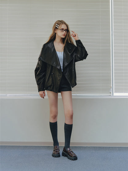 Asgony ASG26542 Oversized Collar Double-Breasted Leather Jacket