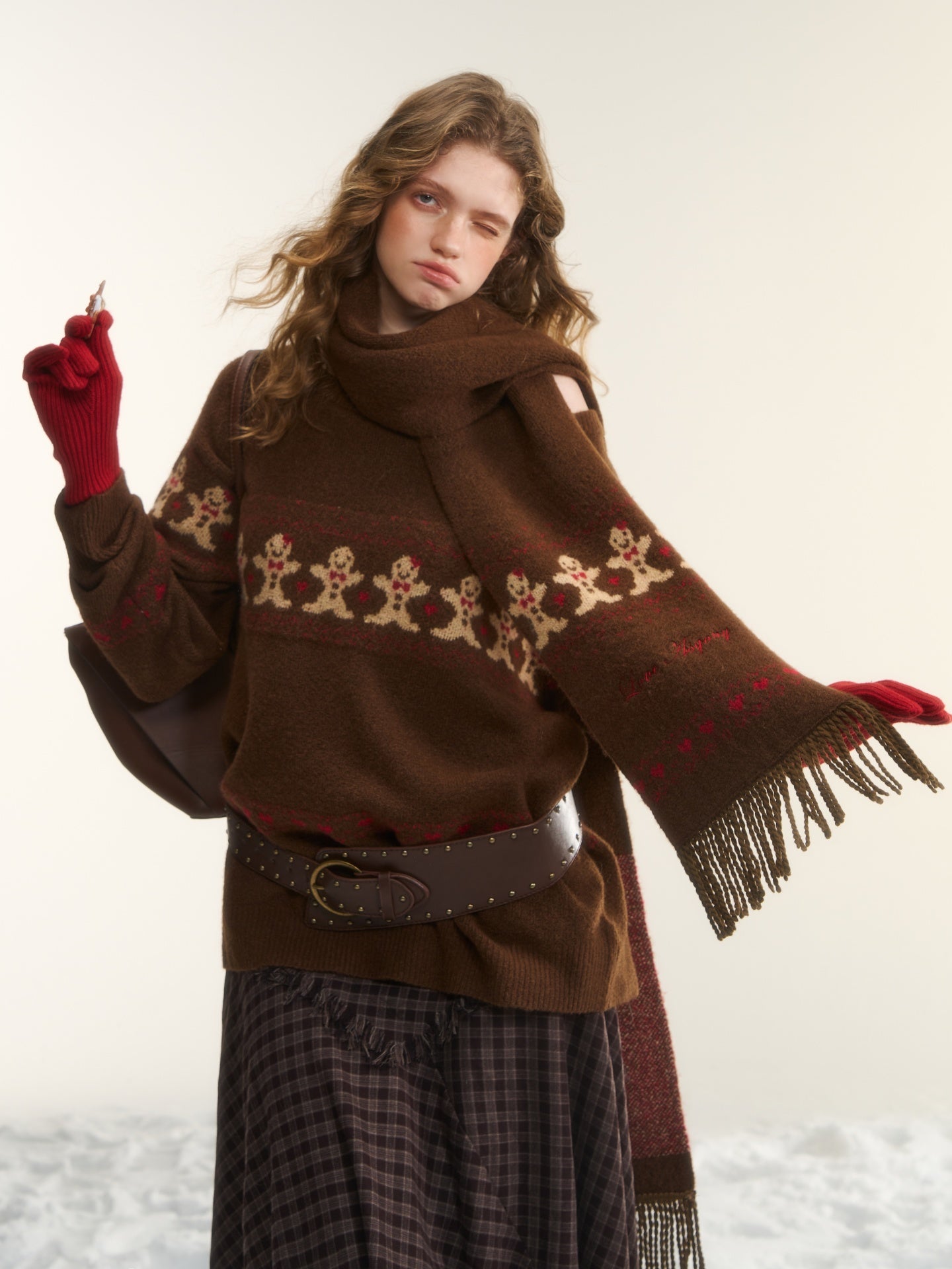 AsGony ASG25544 Fair Isle jacquard sweater and scarf set