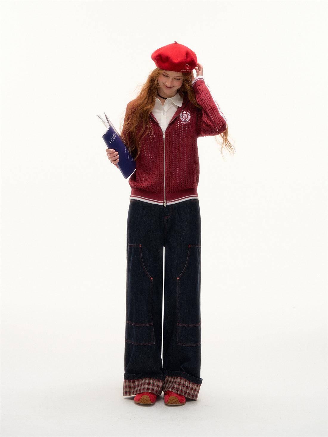 AsGony ASG25388 Hollow knit hooded contrasting embroidered sweater