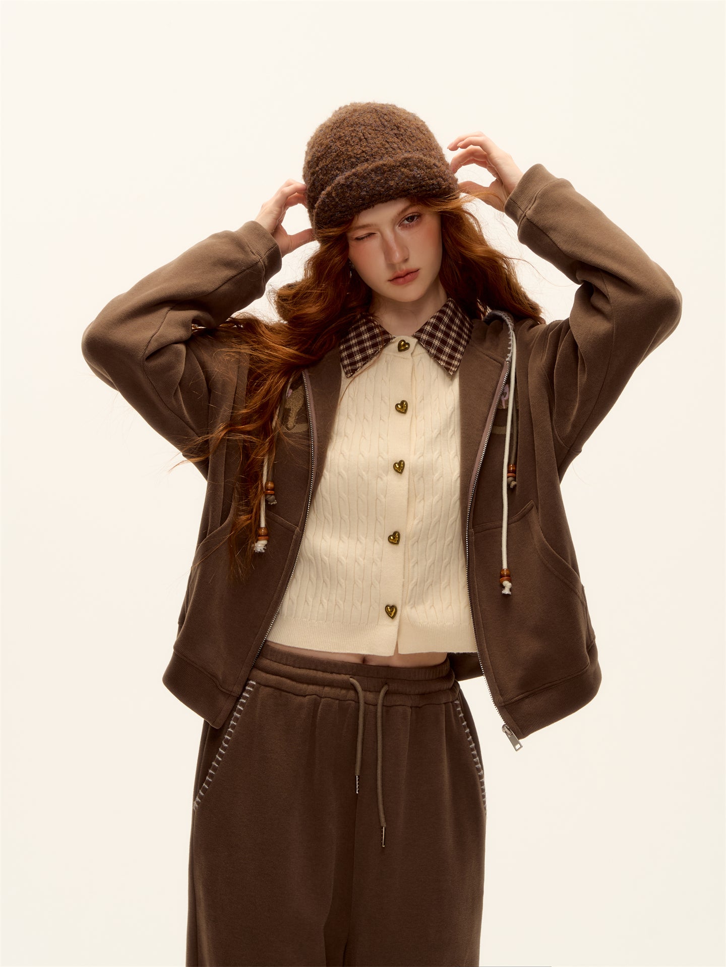 AsGony ASG25488&amp;ASG25489 Embroidered bead hooded jacket + pants