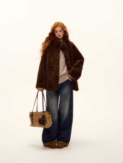 AsGony ASG25469 Double sided fur integrated suede lamb coat