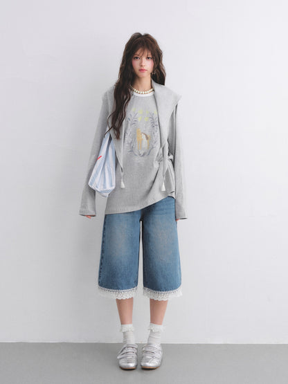 AsGony ASG26025 Triangle shawl pony print T-shirt two-piece set