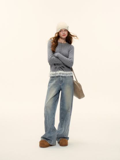 AsGony ASG25622 Lace hem patchwork knit sweater