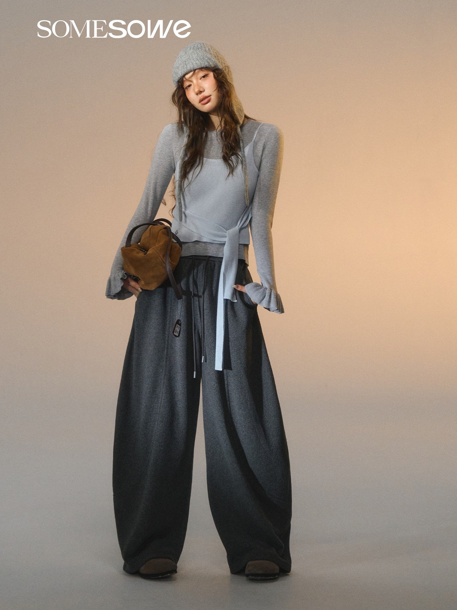 SOMESOWE S2508249 Fake two contrasting round neck tied sweaters (gray blue)