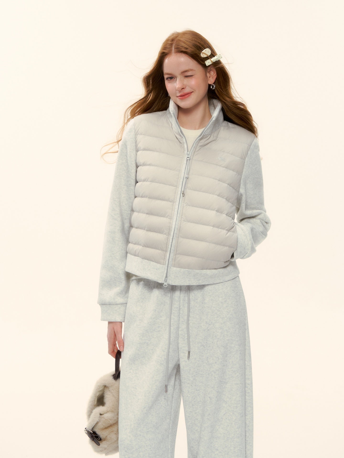 AsGony ASG25611&amp;ASG25584 Splicing stand up collar pork rib down jacket + pants