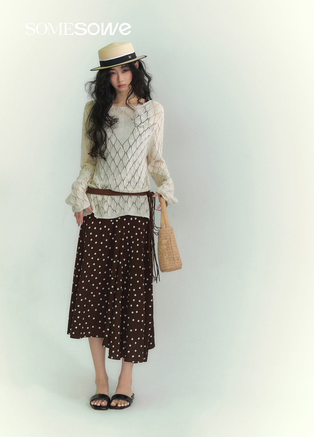 SOMESOWE S2609074 Paper and yarn diamond grid hollow top