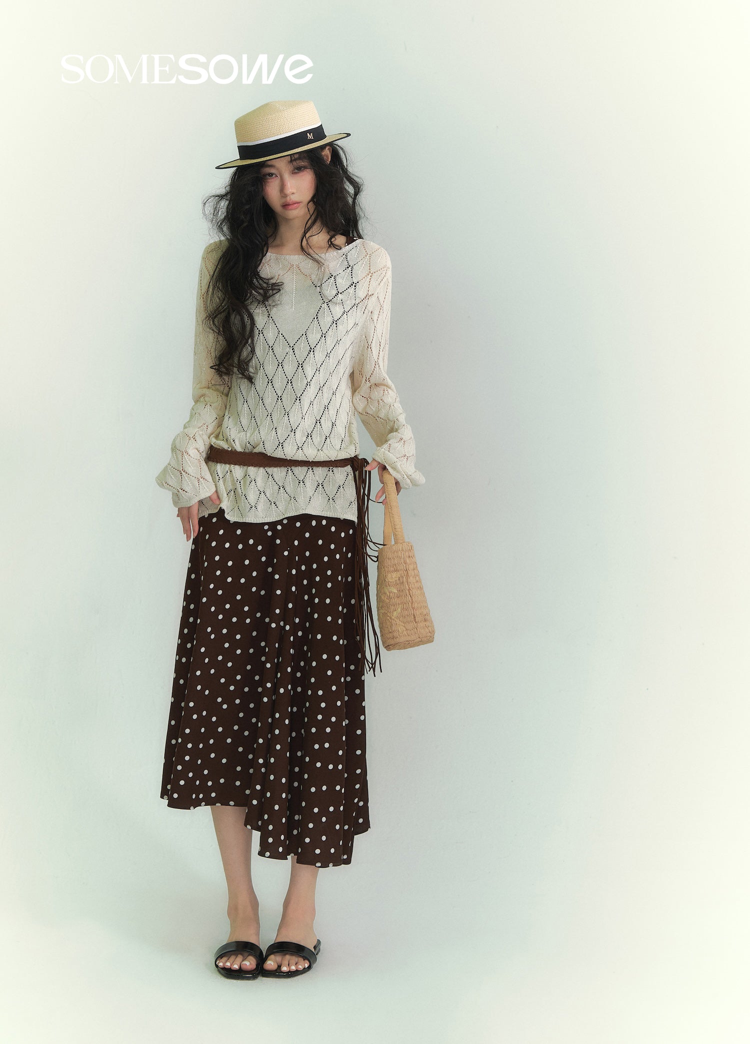SOMESOWE S2609074 Paper and yarn diamond grid hollow top