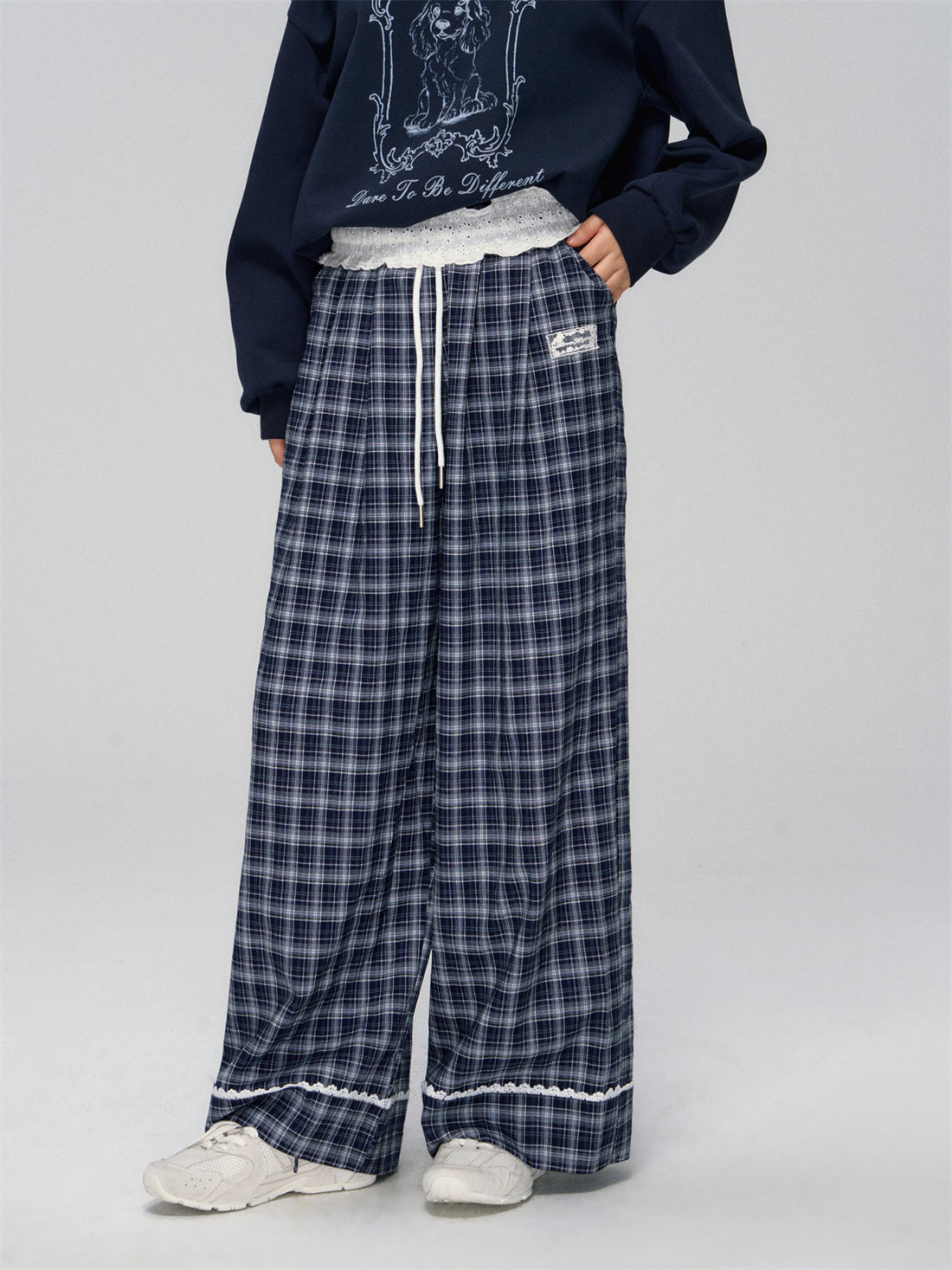 AsGony ASG24746Lace plaid wide leg pants