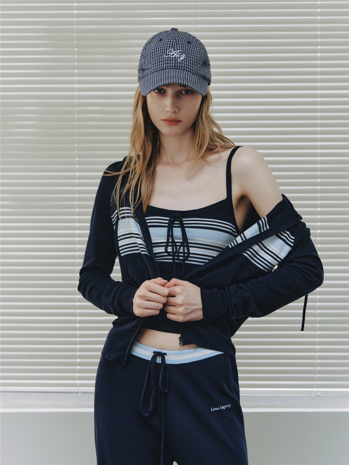 Asgony ASG26502 Contrast Stripe Knit Hooded Cardigan+ASG26503 Camisole+ ASG26504 Straight Pants