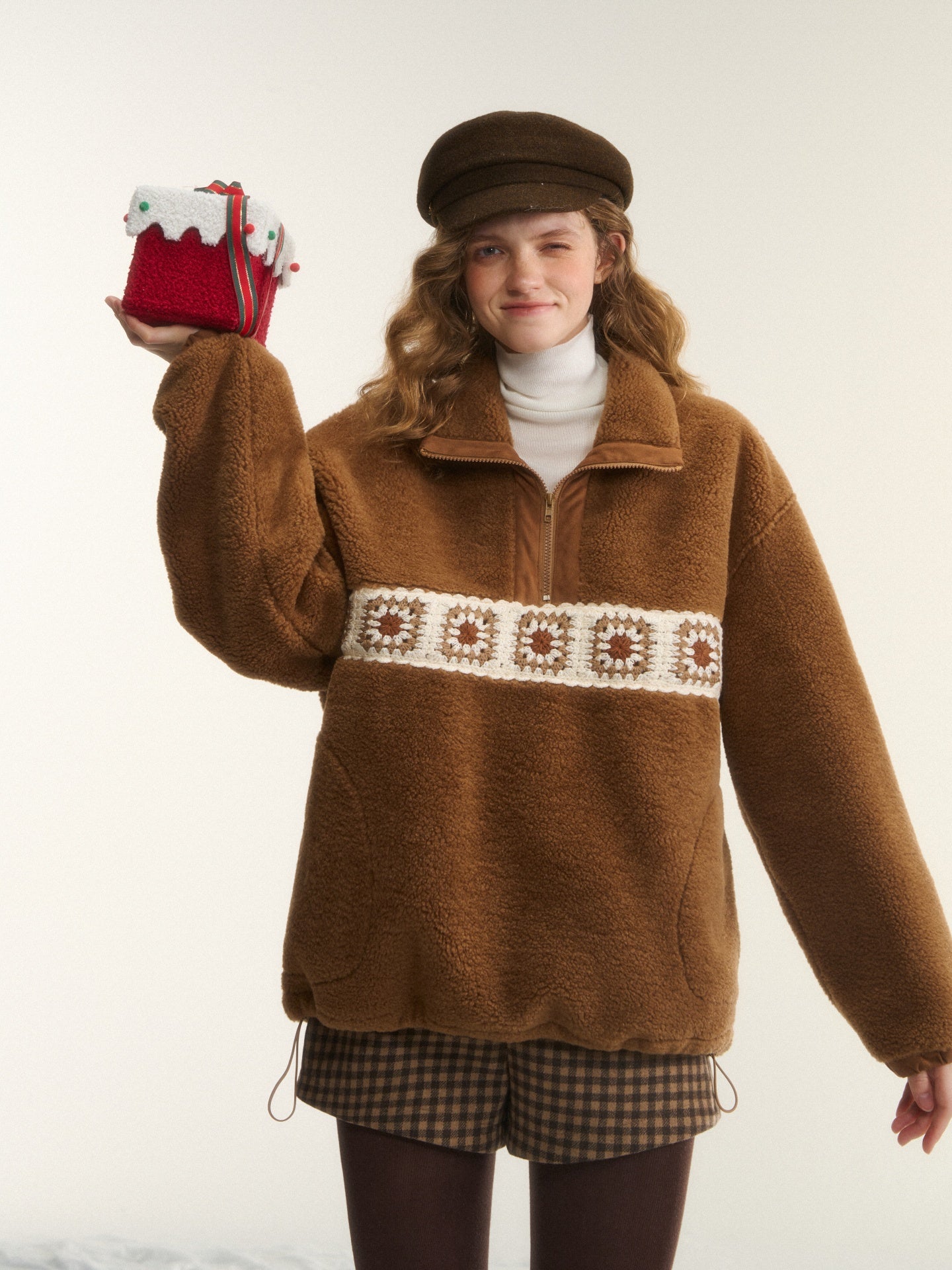 AsGony ASG25542 Crochet flower particle velvet zipper hoodie