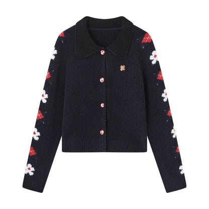 SOMESOWE S2508314 Retro Flower Jacquard Notched Collar Cardigan